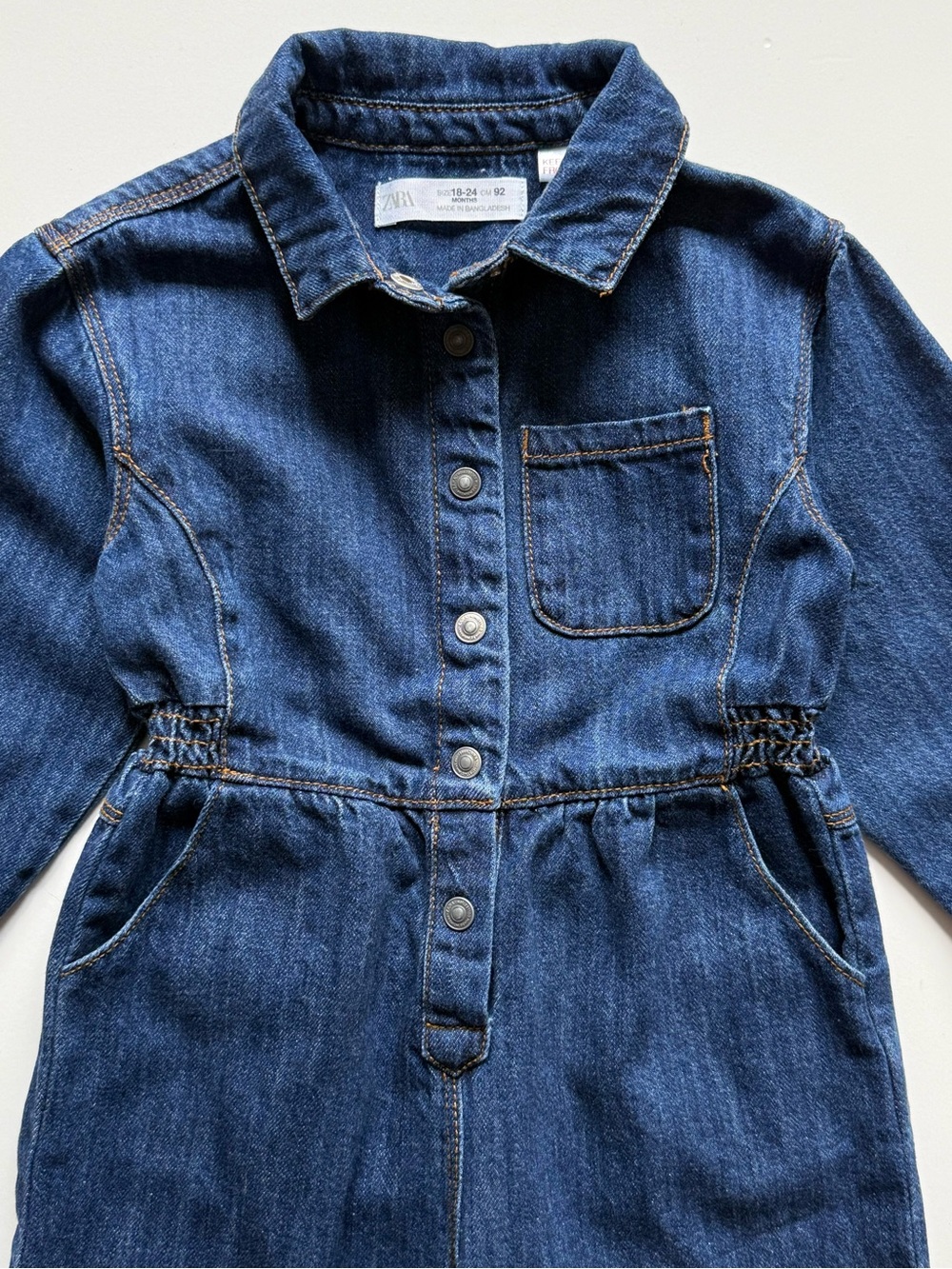 Zara Girls Blue Denim Snap-Up Long-Sleeve Jumpsuit - Size 18-24M - Picture 4 of 12